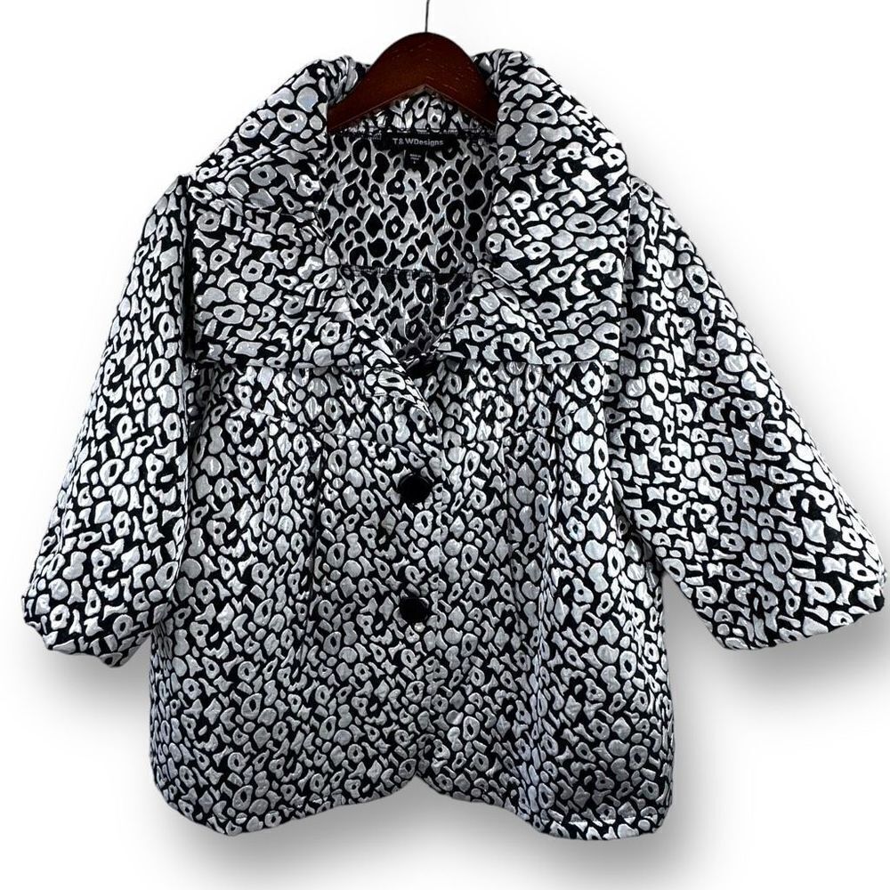 T&W Designs Womens Blazer‎ Jacket 3/4 Sleeve Button Black Silver Large